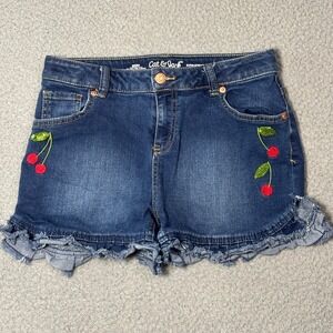 Cat & Jack Girls XL 14/16 Super Stretch Cherry Sequin Ruffle Denim Shorts Dark